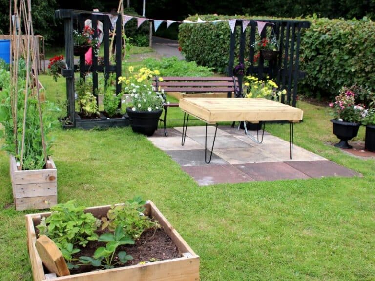 Community garden with plants and seating area at Cookley Village Hall.