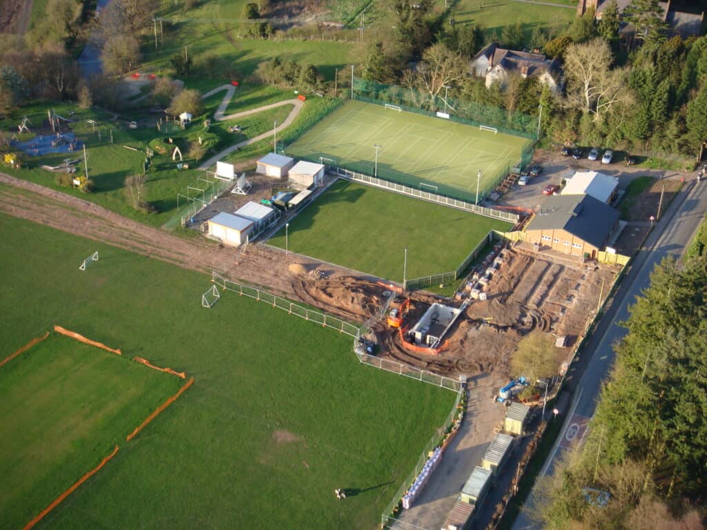 Aerial view of Cookley Village Hall and sports fields under development.