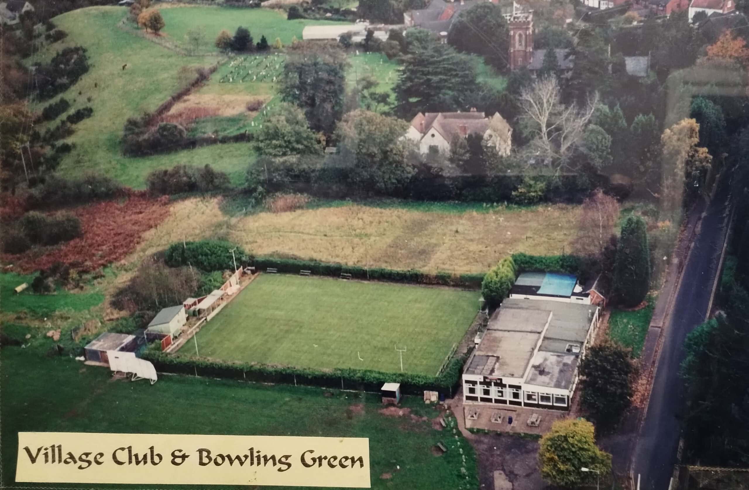 Aerial view of Cookley Village Hall and surrounding sports fields.